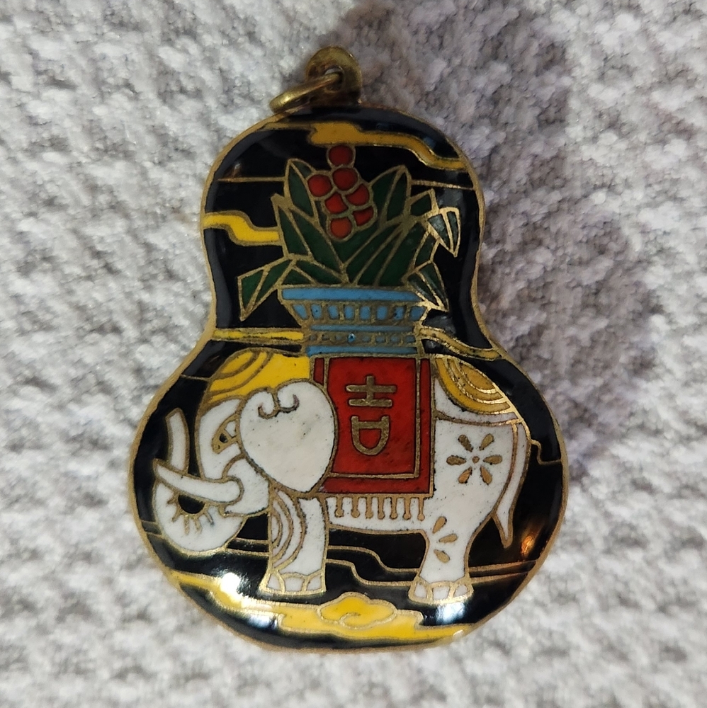 Japanese Cloisonne Elephant Pendant / Locket, Gold Tone Vintage Mosaic, Boho